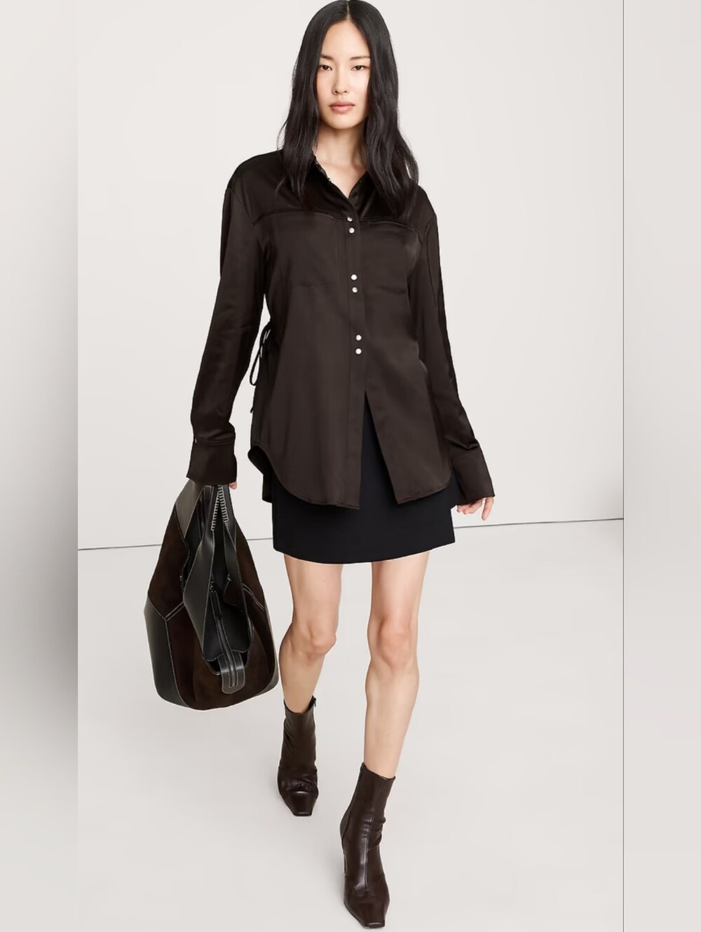 Banana Republic- Sm Stretch-Satin Cinch-Back Shirt Dark Brown-Holiday PARTY